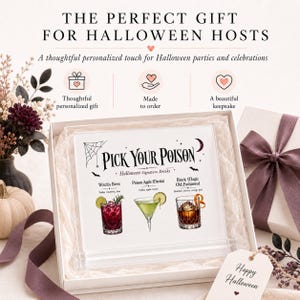 May include: A clear acrylic sign in a gift box featuring the text Pick Your Poison and Halloween Signature Drinks with illustrations of a Witch's Brew, Poison Apple Martini, and Black Magic Old Fashioned cocktail with lime and orange garnishes.