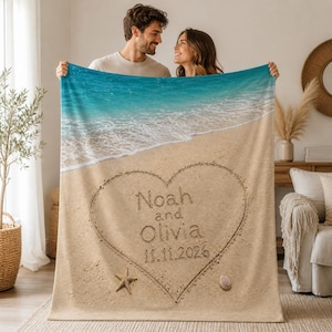 Bröllopspresent, Personlig Herr & Fru Bröllopsresa Strandfilt, Anpassad Namnfilt, Nygift Par Hjärta i Sandfilt
