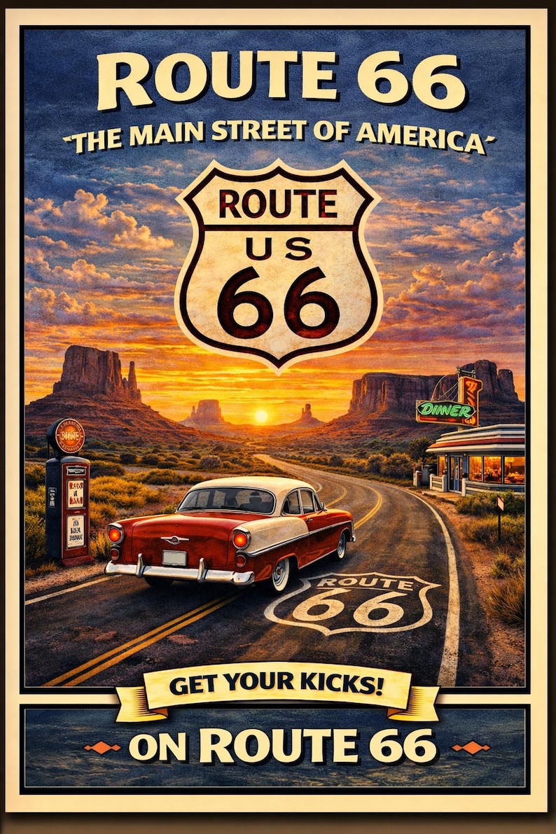 Route 66 Vintage Poster Print – Retro Desert Highway Wall Art – Classic ...
