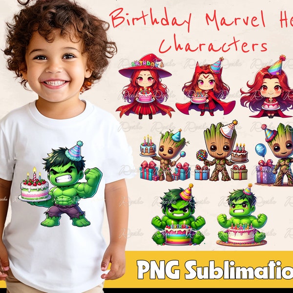 Super Hero Birthday PNG Bundle, Birthday Little Boy Clipart, Chibi Heroes PNG, Cute Kawaii Witch, The Incredible Hero, Instant Download