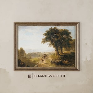 Serene Pastoral Landscape | Old Master Oil Painting | Vintage Romantic Countryside Antique Wall Art | Rural Nature Scene | Cattle Art Print