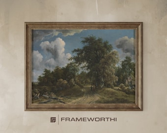 May include: A framed oil painting depicting a landscape scene with a large tree in the center, surrounded by smaller trees and a dirt road. The sky is blue with white clouds. The painting is in a brown wooden frame.