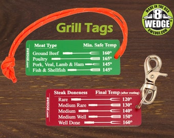 Grill Tags: Quick reference temperature tags for cooking and grilling.  Hang from your grill in a kitchen drawer for perfectly cooked meats!