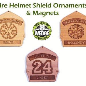 Wood Firefighter Helmet Shield Ornaments & Refrigerator Magnets, personalized and painted with hooks or magnets.