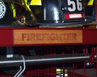 Rack Plaques: Custom wood name plates for firefighter gear grid racks. Laser etched and hand finished in Pennsylvania. 1.9&quot; x 10&quot;