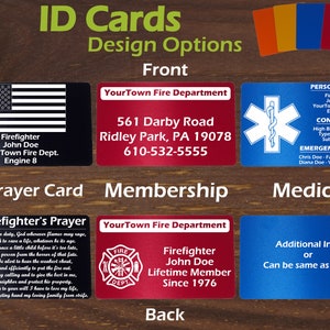 Carta d'identità: carte d'identità in alluminio anodizzato. ID di iscrizione, tessera informativa medica e biglietti di preghiera per i vigili del fuoco. Completamente personalizzato!