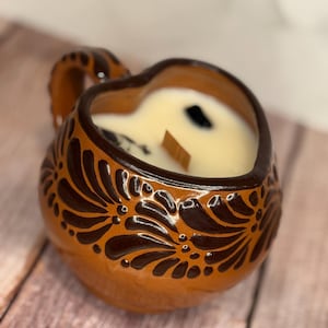 Heart Shaped Corazon Tacita Candle , Hand poured Mexican Pottery with wooden wick