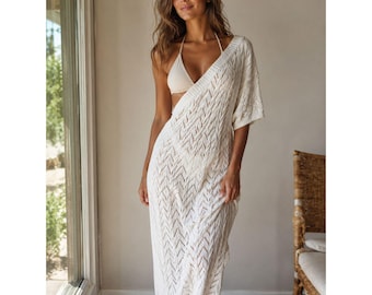 White Crochet Knit Beach Cover Up Maxi Dress One Shoulder Swim Cover XXL Boho