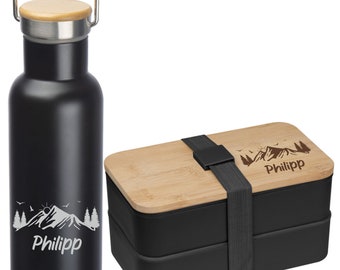 Lunchbox / Trinkflasche oder Frühstücksset mit Namen Bergmotiv Camper personalisiert Geschenk Männer Geschenkidee Geburtstag