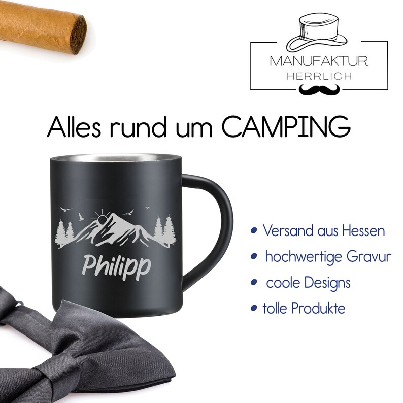 Edelstahl-Becher Personalisiert Thermo-Tasse mit Namen Camping Outdoor schwarz beschichtet Bild 4