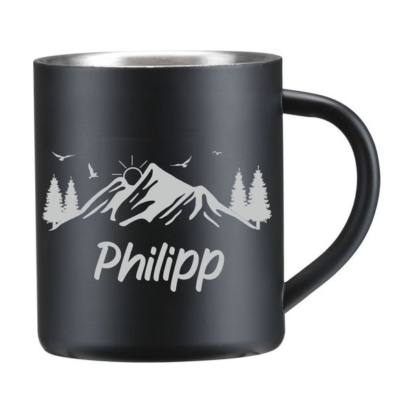 Personalisierte Tasse Thermo mit Namen Camping Outdoor schwarz Geschenk für Männer