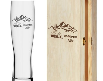 Weizenbierglas - Camper - Bierglas personalisiert Holzbox Holzkiste Geschenk Männer Geburtstag - Gravur Wunschname Wohnwagen