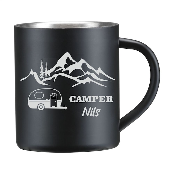 Edelstahl-Becher Personalisiert Thermo-Tasse mit Namen Camping Outdoor schwarz beschichtet