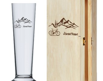 Bierstange mit Gravur - Holzbox Bergmotiv Wandern Bike Fahrrad - Geschenk Geburtstag Mountainbike
