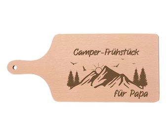 Frühstücksbrett personalisiert Camping Geschenk Geburtstag Vatertag - Vesperbrett mit Namen und Griff - Camper-Frühstück