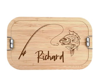 personalisierte Lunchbox Brotdose Metall Bambus für Angler Hobbyfischer Fisch Angel