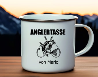 personalisierte Tasse Anglertasse mit Fischmotiv Outdoor schwarz beschichtet