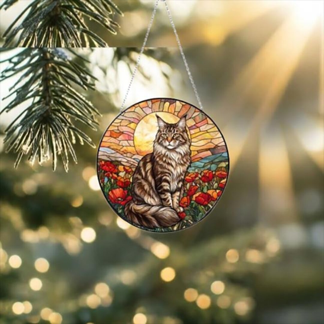 Cat Stained Glass Suncatcher, Mothers Day Gift for Mom, Poppies Flower ...
