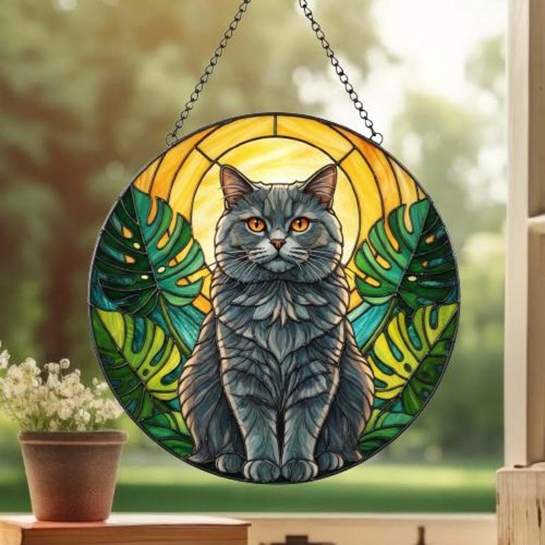 Monstera British Shorthair Cat Glass Suncatcher, Cat Glass Art, Plant ...