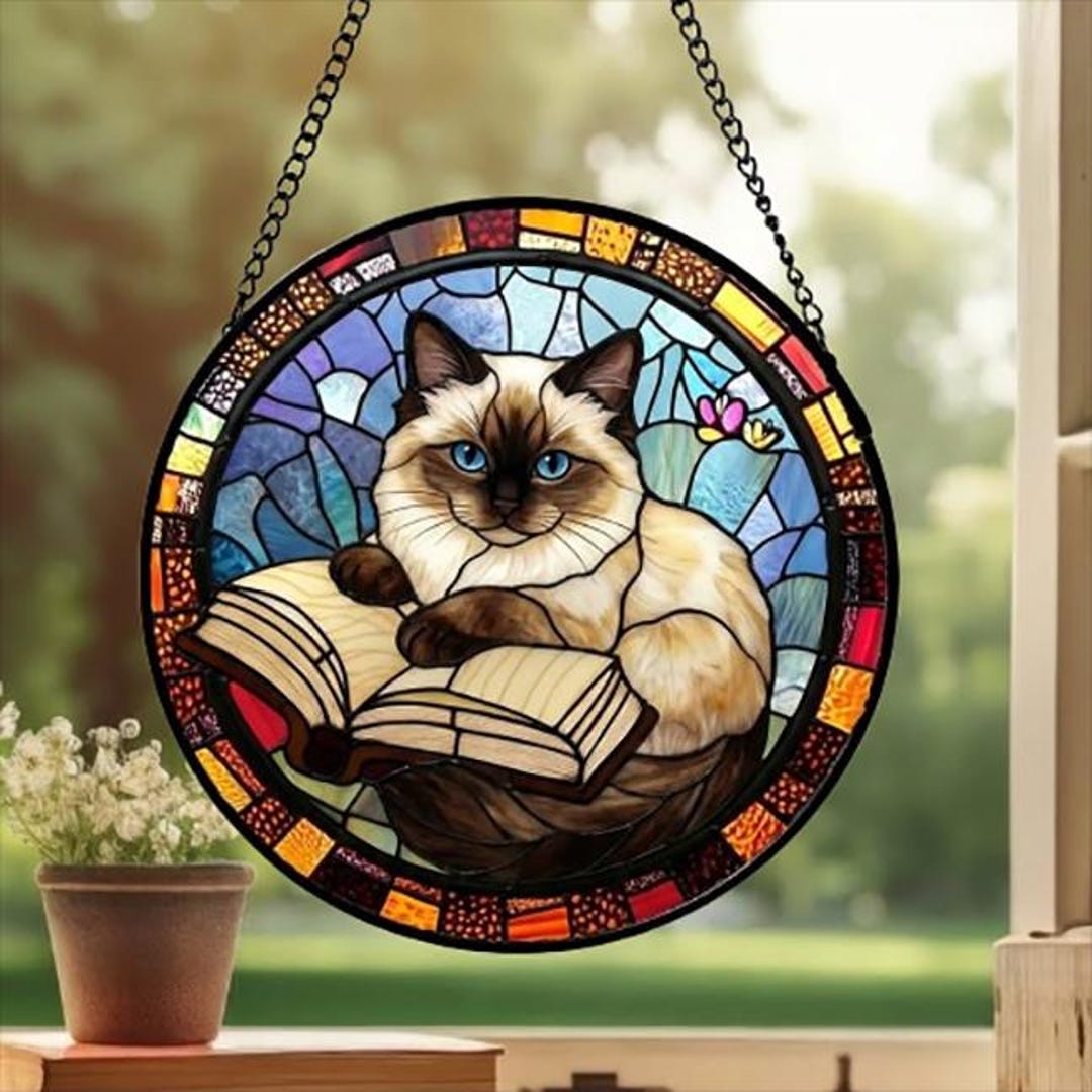 Stained Glass Window Hanging Ragdoll Cat Reading , Sun Catcher Home ...