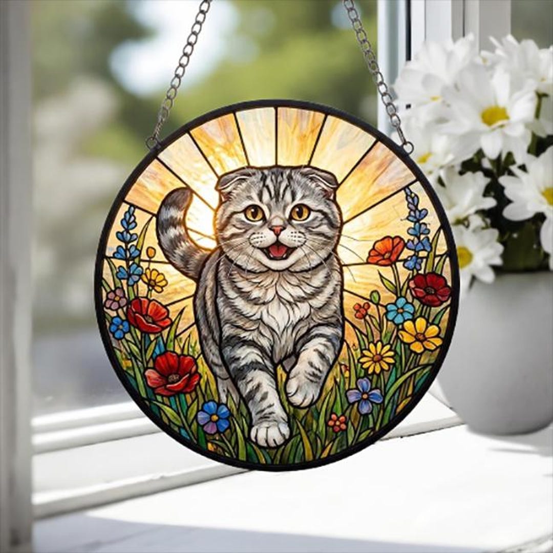 Scottish Fold Cat Wildflowers Glass Suncatcher: Cat Mom Window Decor - Etsy