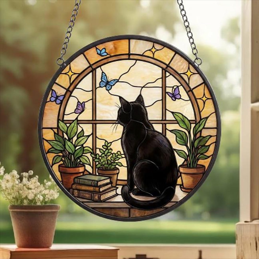 Black Cat and Book Glass Suncatcher , Book Window Decor, Cat Lover Gift ...