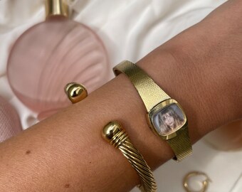 Vintage Gold Plated Locket Watch Bracelet | Personalized Photo Jewelry