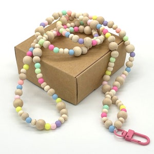Beaded Lanyard Phone Strap - Natural Wood and Pastel Rainbow