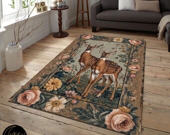 Floral Deer Rug: Vintage Forestcore Style
