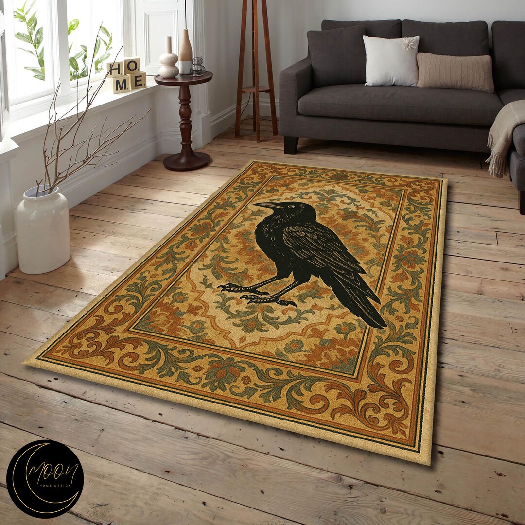 Gothic Raven Rug, Black Crow Area Rug, Baroque Floral Vintage Style ...