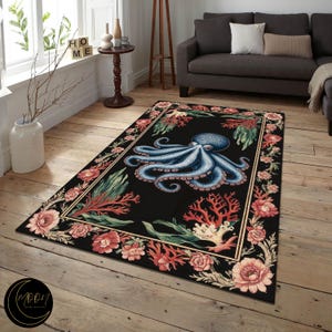 Floral Octopus Black Rug, Octopus Patterned Traditional Carpet, Goth Octopus Carpet, Non Slip Rug, Octopus Figure Ocean Flower Rug