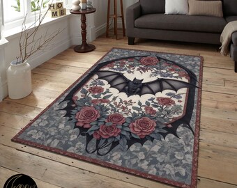 Floral Bat Rug: Gothic Witchy Room Decor, Washable Rug