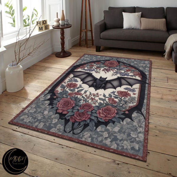 Floral Bat Rug: Gothic Witchy Room Decor, Washable Rug