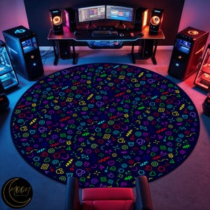 80s Arcade Round Rug: Colorful Gaming Room Decor