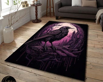 Gothic Raven Rug: Witchy Occult Decor, Washable Non-Slip Crow Carpet