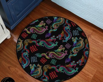 Japanese Dragon Round Rug: Traditional Design