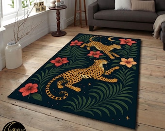 Tropical Leopard Print Rug, Jungle Floral Cheetah Carpet, Washable Non-Slip Rug for Living Room, Bold Animal Print Floor Decor