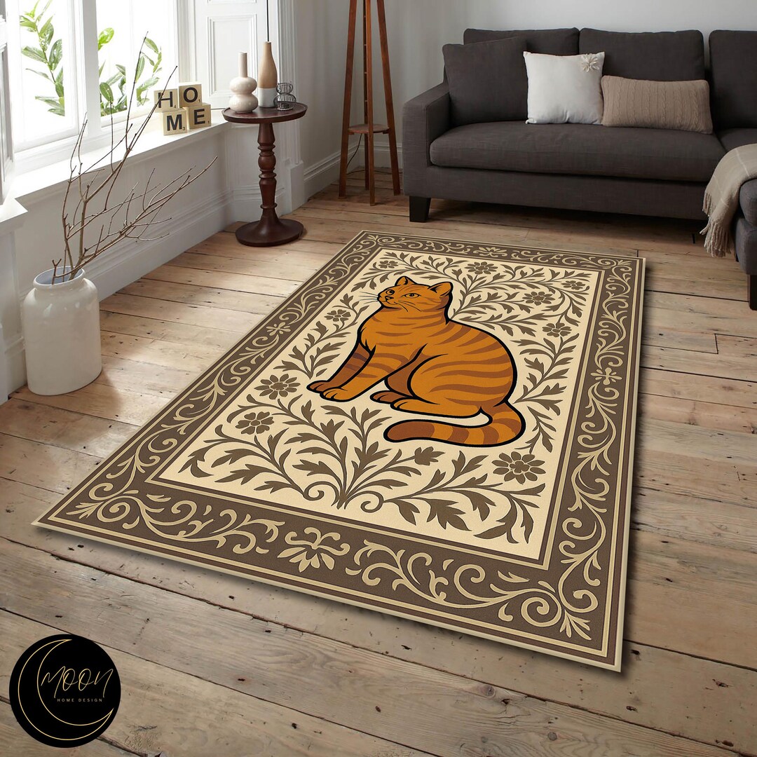 Orange Tabby Cat Rug, Floral Cream Brown Living Room Carpet, Cat Print ...