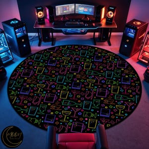 Arcade Shapes Round Rug: Colorful Gaming Room Carpet