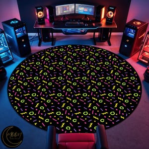 Arcade Pattern Round Rug: Spacey Gaming Room Carpet