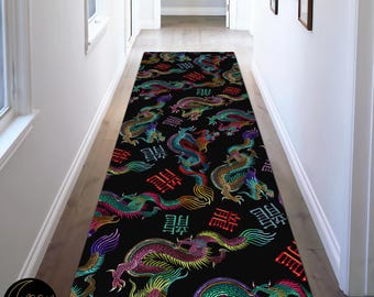 Alfombra de pasillo con diseño de dragón floral: decoración de pasillos de estilo japonés