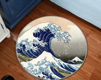 The Great Wave Rug, Kanagawa Art Rug, Japan Wave Rug, Kanagawa Wave Design, Blue Rug, Japanese Decor Rug, Round Rug, Ocean Pattern Carpet