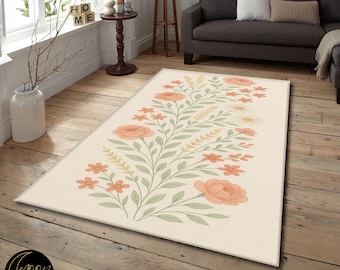 Cream Floral Rug with Peach Roses and Leaf Pattern – Washable Area Rug for Living Room or Bedroom – Soft Non-Slip Botanical Carpet