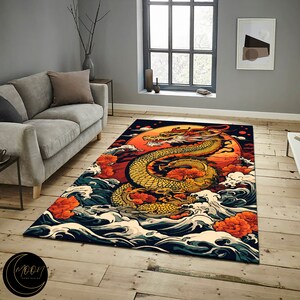 Alfombra de diseño de dragón, alfombra con estampado de dragón, alfombra de dragón, alfombra de dragón japonés, alfombra de estilo japonés, alfombra de vida japonesa, alfombra temática de Japón