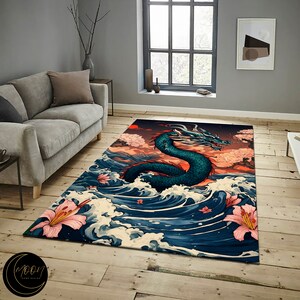 Alfombra con estampado de dragón, alfombra de dragón, alfombra de diseño de dragón, alfombra de dragón japonés, alfombra de estilo japonés, alfombra de vida japonesa, alfombra temática de Japón