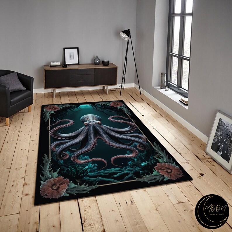 Octopus Channel Rug Gothic Octopus Rug: Ocean Floral Pattern, Non-slip Washable Carpet - Etsy