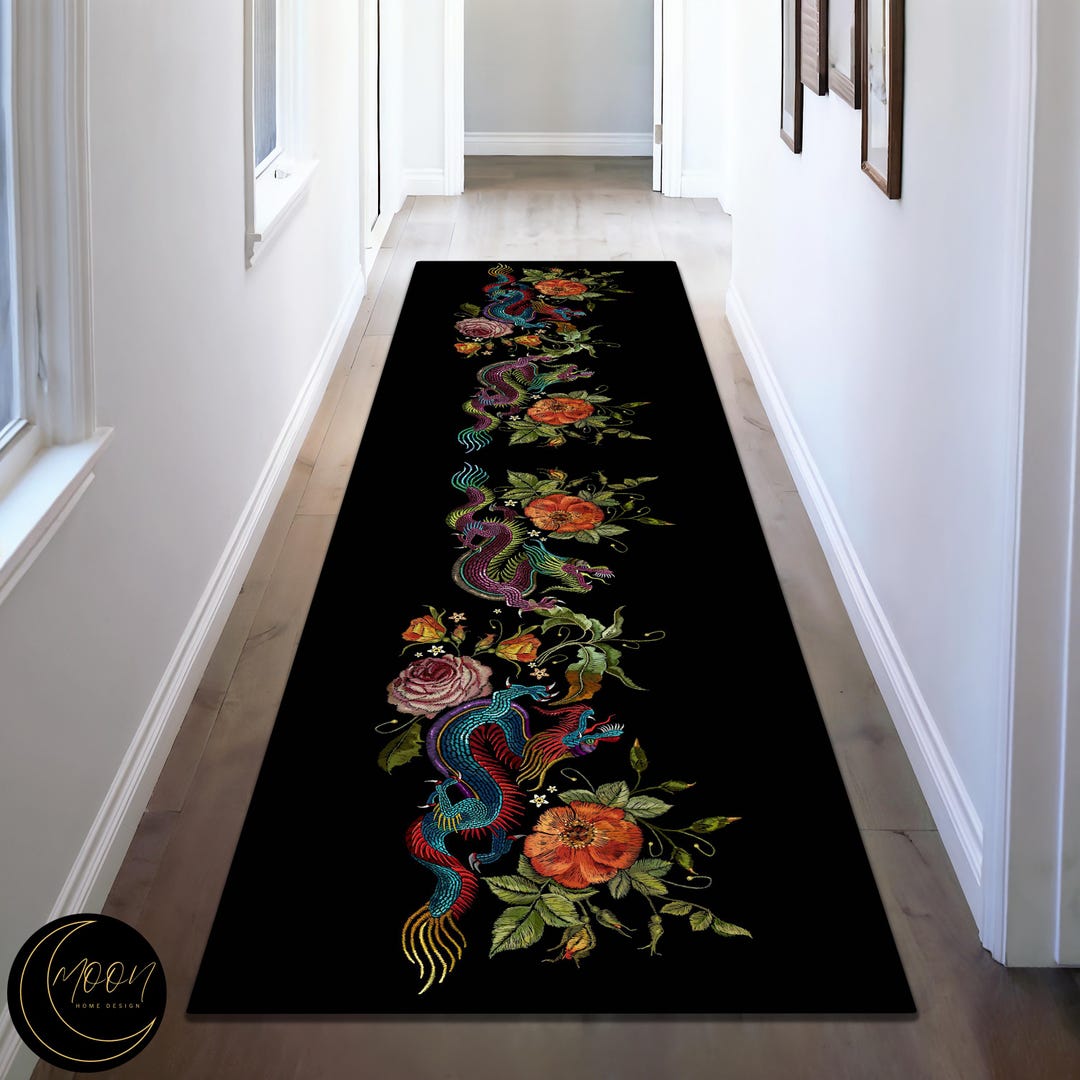 Japanese Dragon Runner Rug, Floral Dragon Hallway, Japan Style Runner ...
