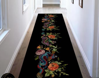 Alfombra japonesa con diseño de dragón: pasillo floral de estilo japonés