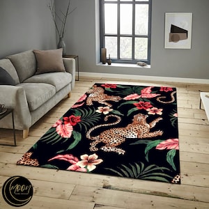 Floral Tiger Design Carpet, Tiger and Flower Rug, Minimalist Carpet, Animal Design Rug, Washbale Living Room Carpet, Non Slip Rug, Cool Rug