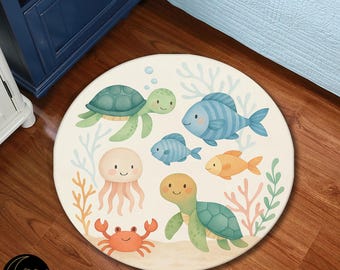 Ocean Animals Kids Rug: Pastel Marine Life Playroom Carpet
